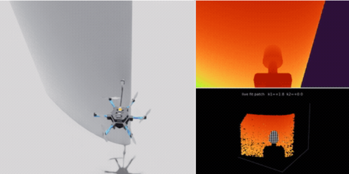 Simulation of a hexarotor pressing its end-effector against a curved surface, with the onboard depth image and the live superquadric fit